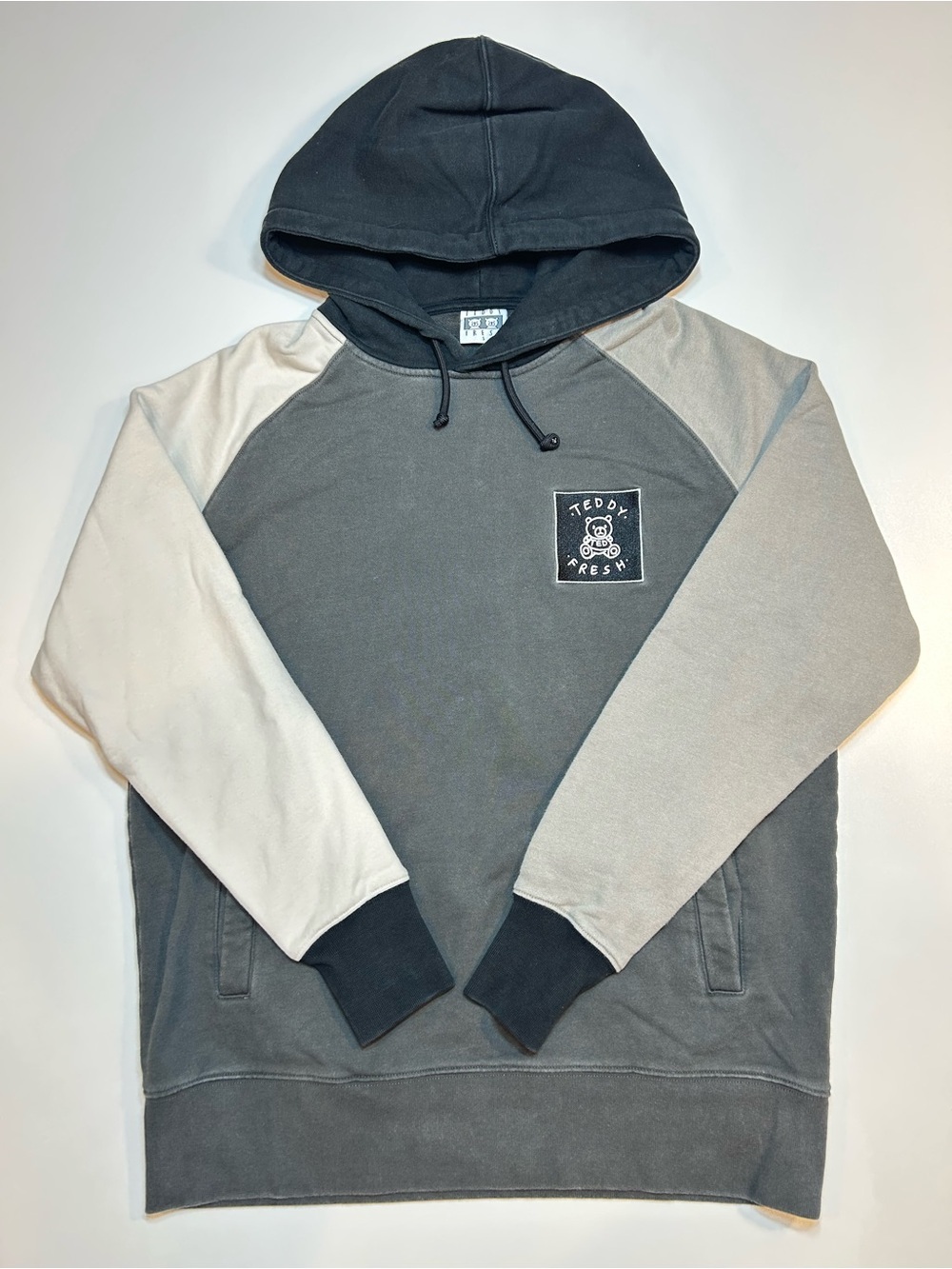 Teddy Fresh Colorblock Hoodie Grey Charcoal Cream Patch Logo Heavy Sweatshirt